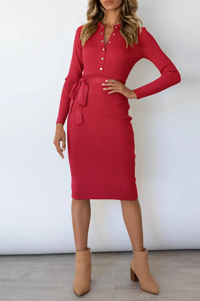 Dunnmall Casual Elegant Solid Buckle With Belt Turndown Collar Pencil Skirt Dresses