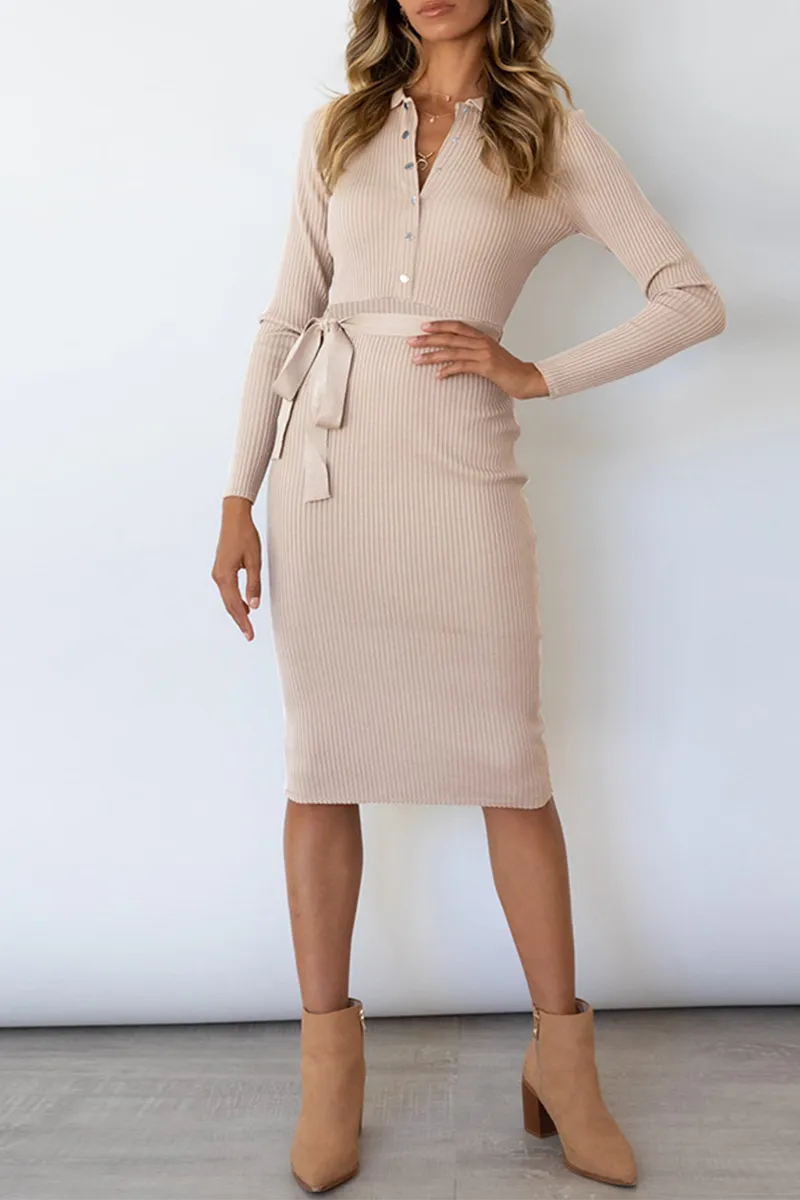 Dunnmall Casual Elegant Solid Buckle With Belt Turndown Collar Pencil Skirt Dresses