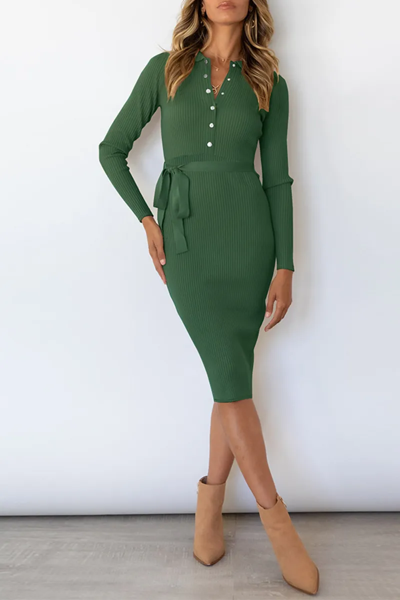 Dunnmall Casual Elegant Solid Buckle With Belt Turndown Collar Pencil Skirt Dresses