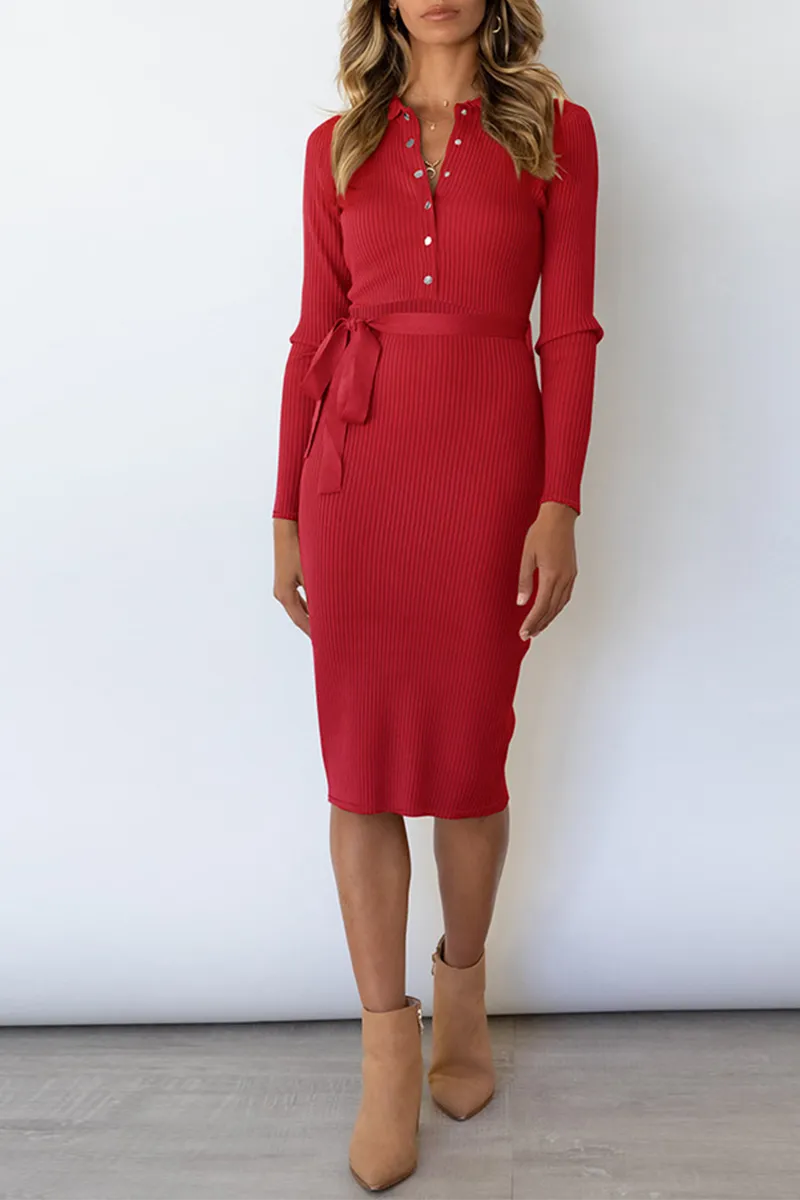 Dunnmall Casual Elegant Solid Buckle With Belt Turndown Collar Pencil Skirt Dresses