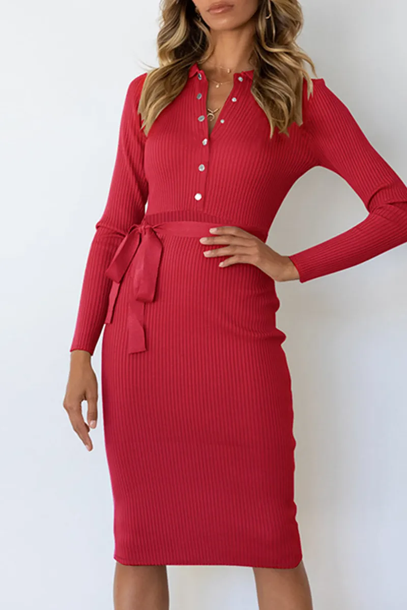 Dunnmall Casual Elegant Solid Buckle With Belt Turndown Collar Pencil Skirt Dresses