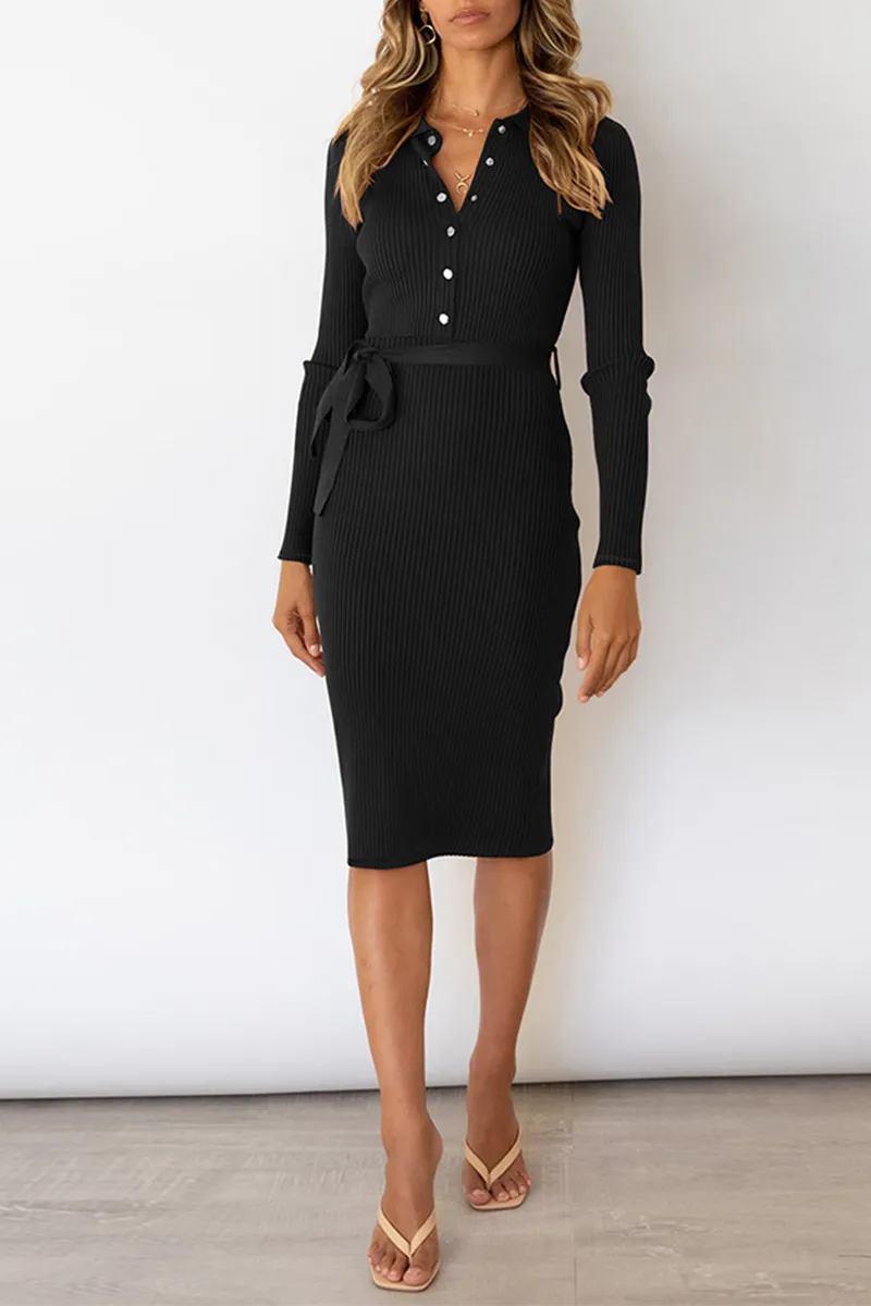 Dunnmall Casual Elegant Solid Buckle With Belt Turndown Collar Pencil Skirt Dresses