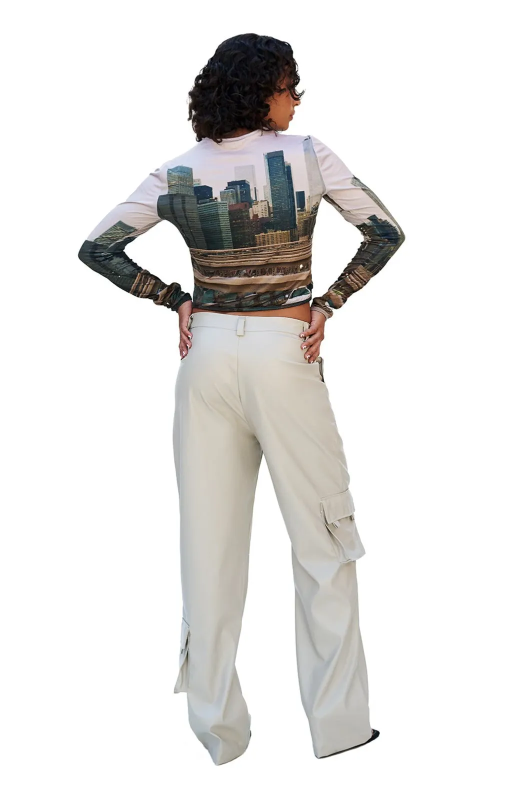 ECRU FAUX LEATHER CARGO PANTS