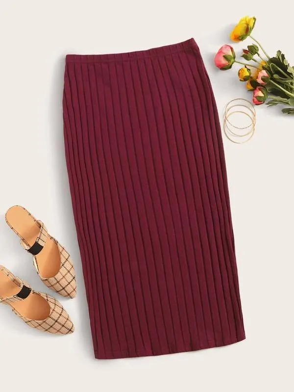 Elastic Waist Rib-knit Pencil Skirt