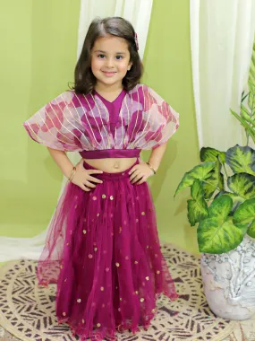 Ethnic Party Wear Girls Organza Cape Choli with Sequined Net Lehenga Purple