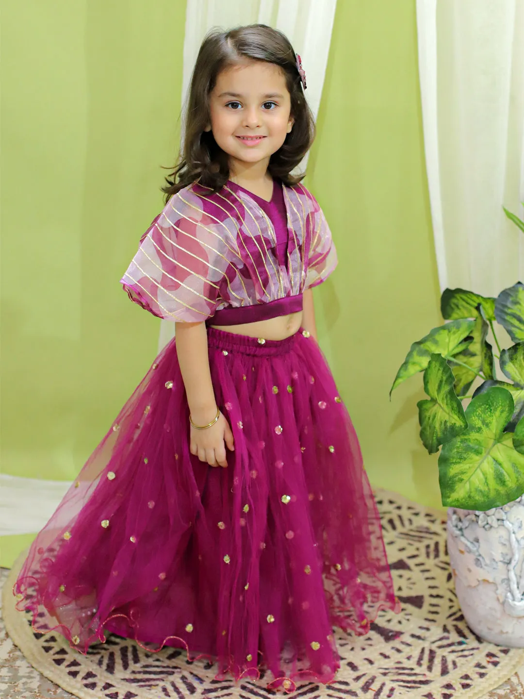 Ethnic Party Wear Girls Organza Cape Choli with Sequined Net Lehenga Purple