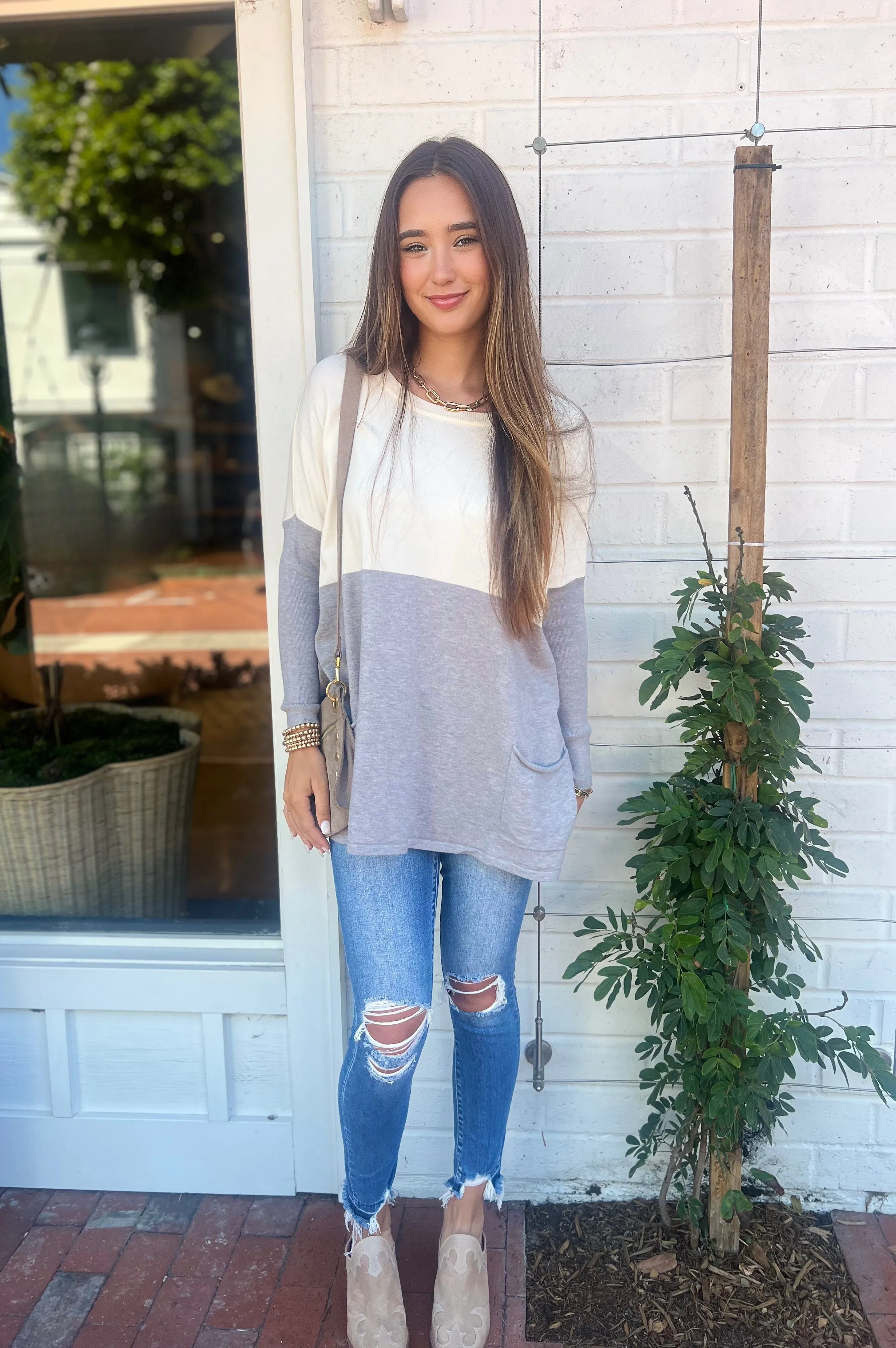 Falling In Love Two Pocket Sweater In Color Block Ivory/Heather Gray