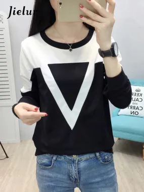 Fashion Black and White Spell Color Patchwork Hoodies Women V Pattern Pullover Thin Sweatshirt Female Tracksuit M-XXXL