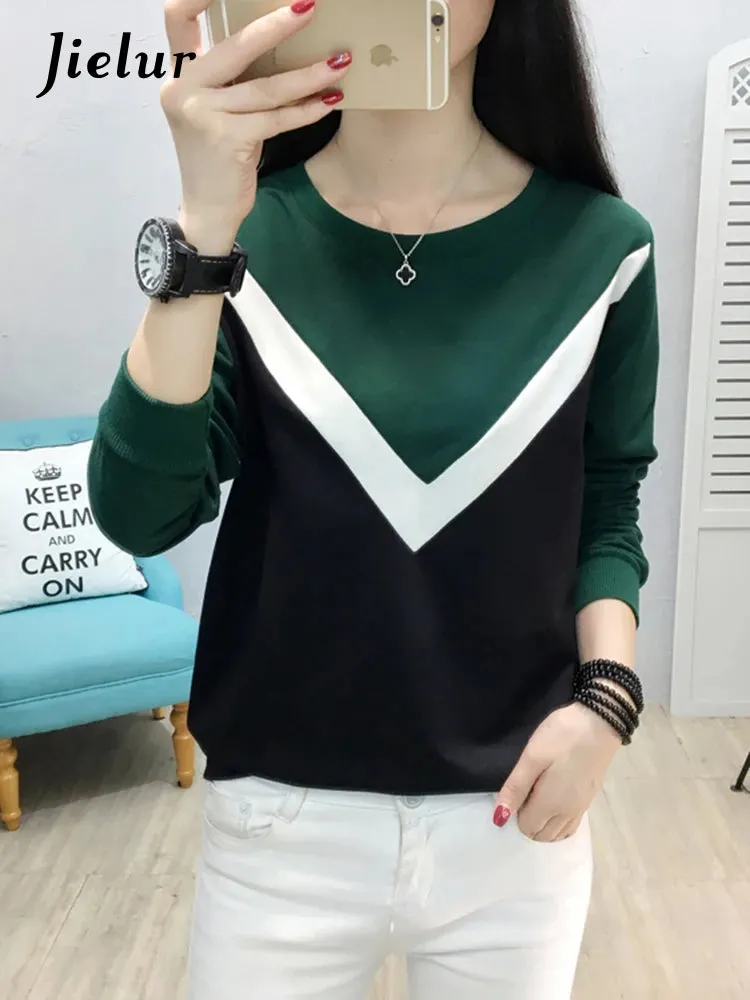 Fashion Black and White Spell Color Patchwork Hoodies Women V Pattern Pullover Thin Sweatshirt Female Tracksuit M-XXXL