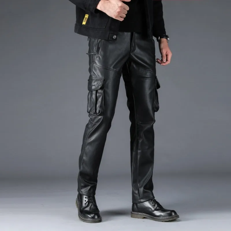 Faux Leather Men Slim Fit Cargo Pants