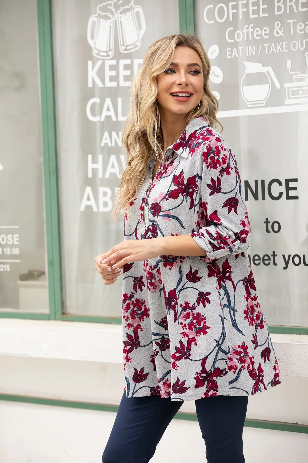 Flower Delight Tunic with Zipper