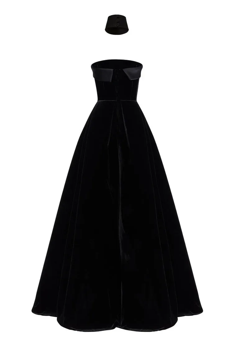 Flytonn- Regal Choker Fold Over Strapless Fit & Flare Velvet Evening Maxi Dress