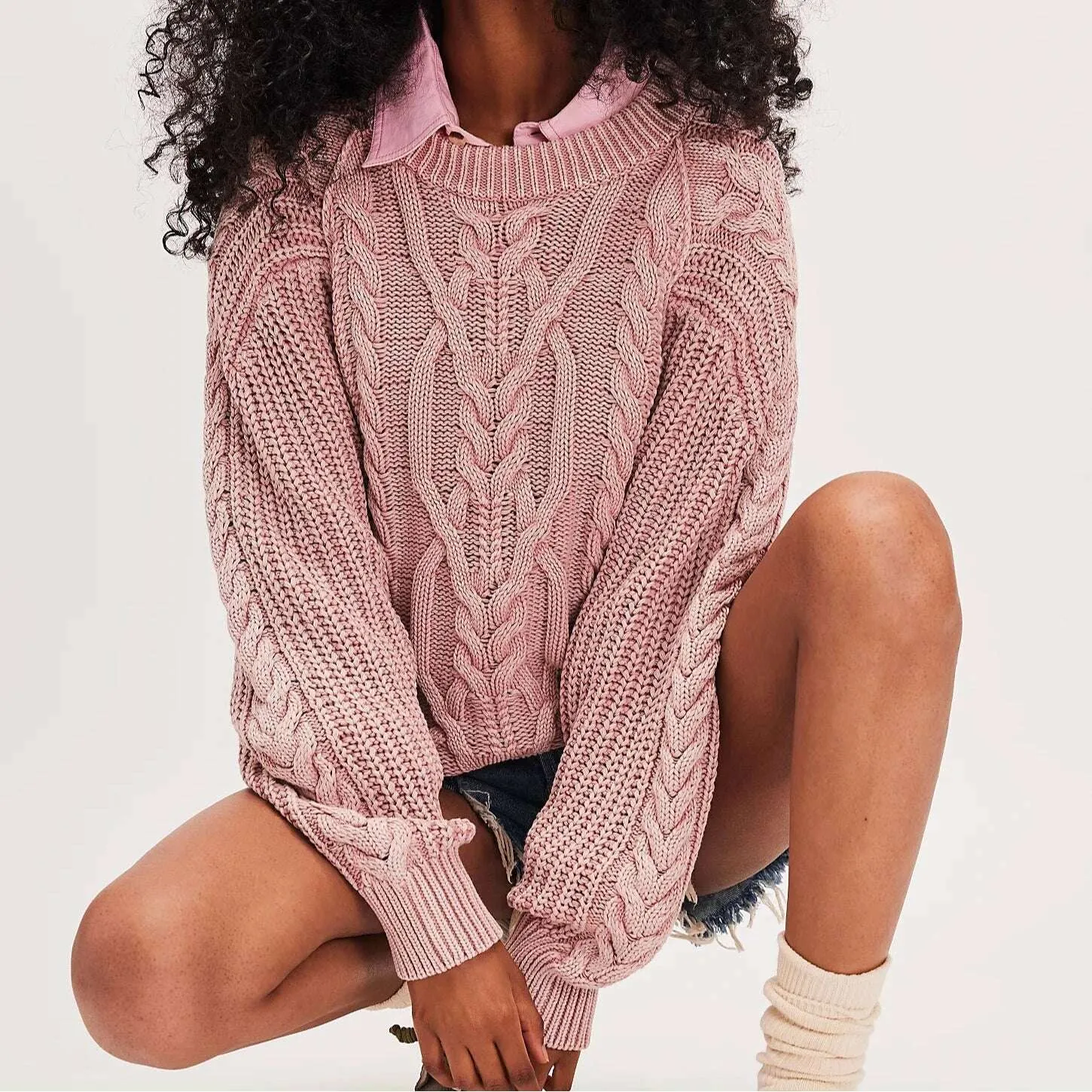 FREE PEOPLE - Frankie Cable Sweater - Misty Rose