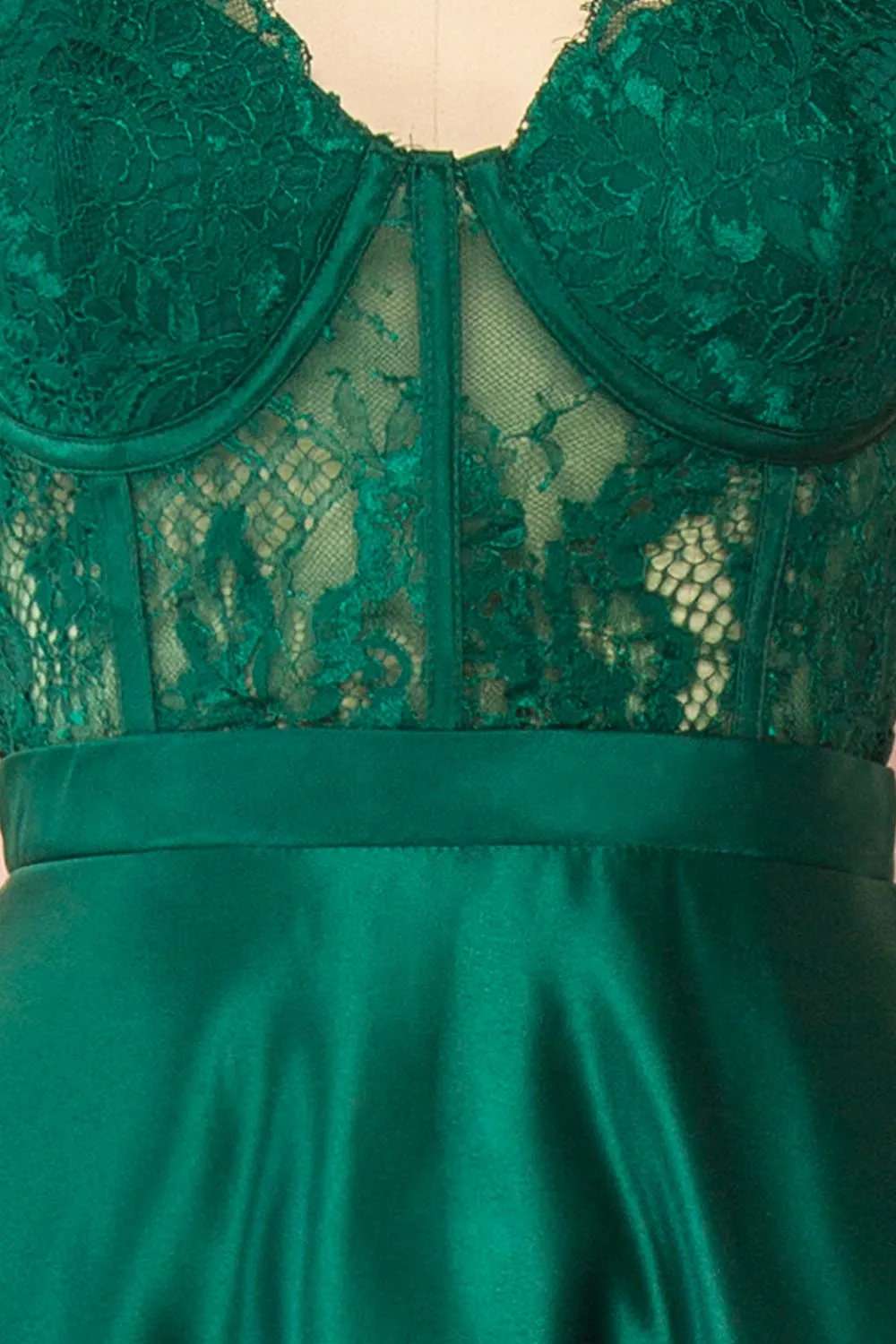 Geraldine | Emerald Lace Bustier Maxi Dress