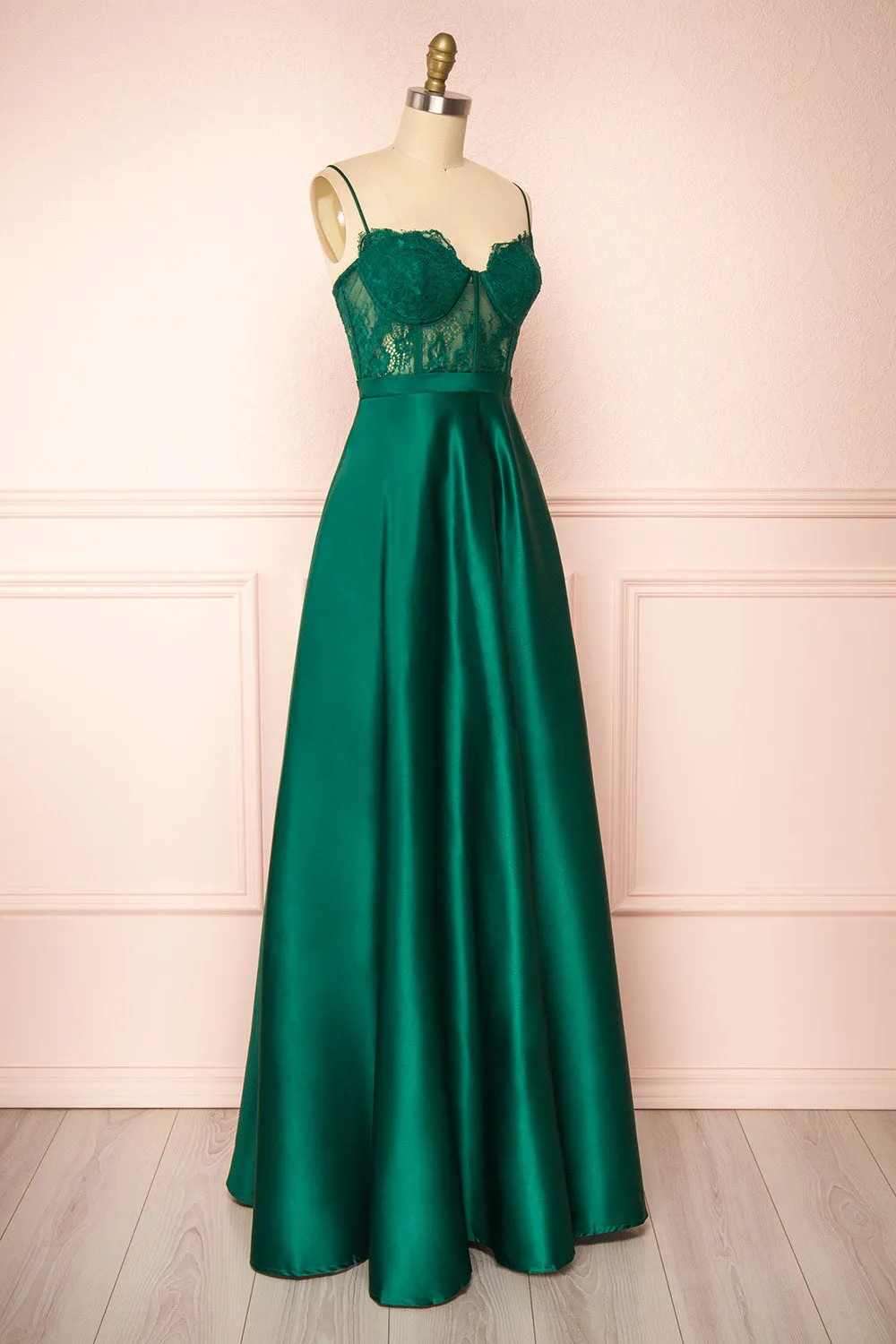 Geraldine | Emerald Lace Bustier Maxi Dress