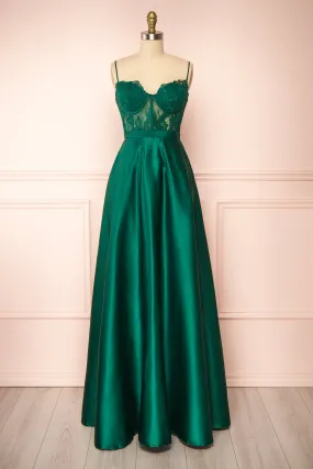 Geraldine | Emerald Lace Bustier Maxi Dress