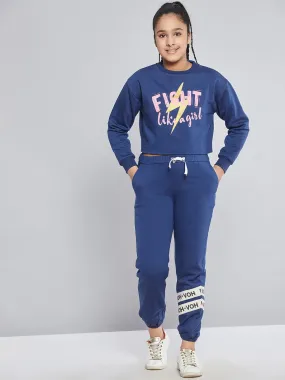 Girls Blue Fleece Brand Tape Joggers - Lyush Kids