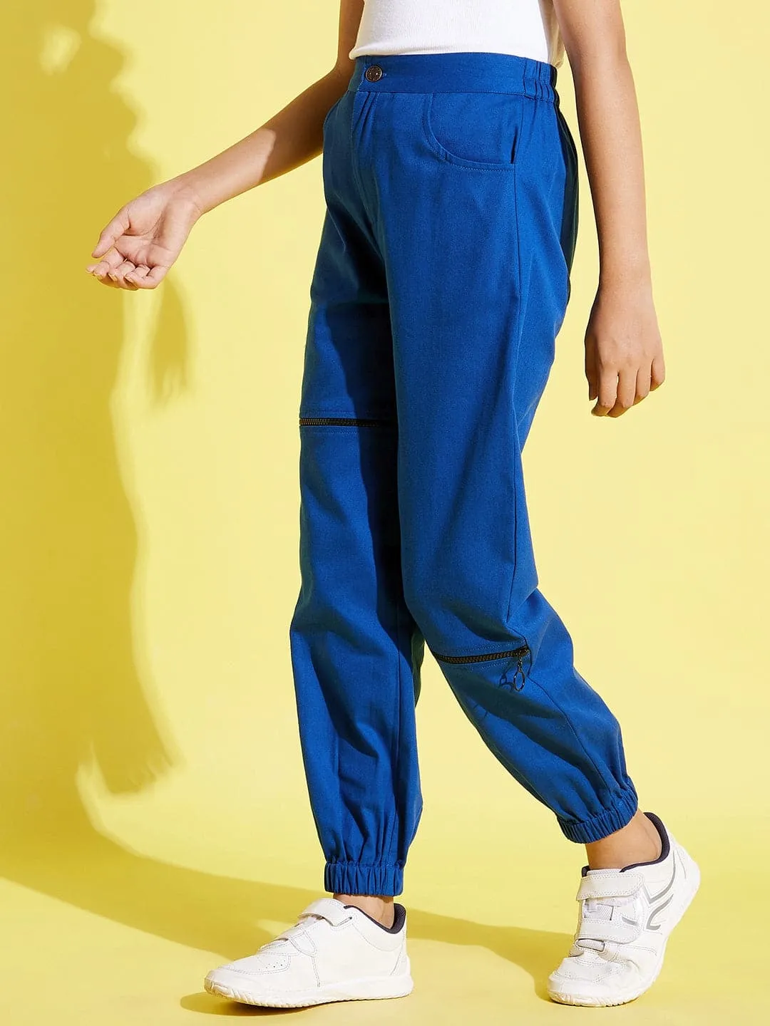 Girls Blue Front Zipper Twill Joggers - Lyush Kids