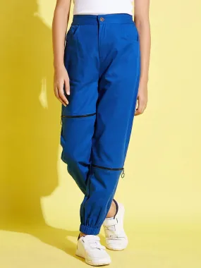 Girls Blue Front Zipper Twill Joggers - Lyush Kids