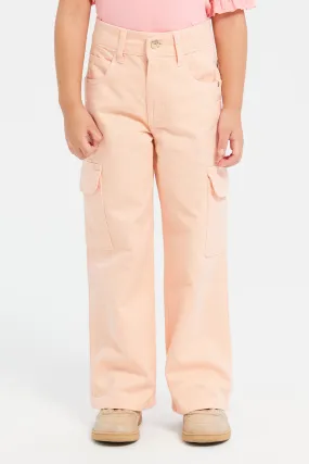 Girls Peach Plain Cargo Pants