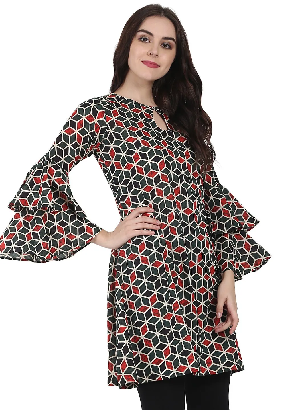 Green Printed Full Sleeve Cotton A-Line Tunic With Flared Sleeve