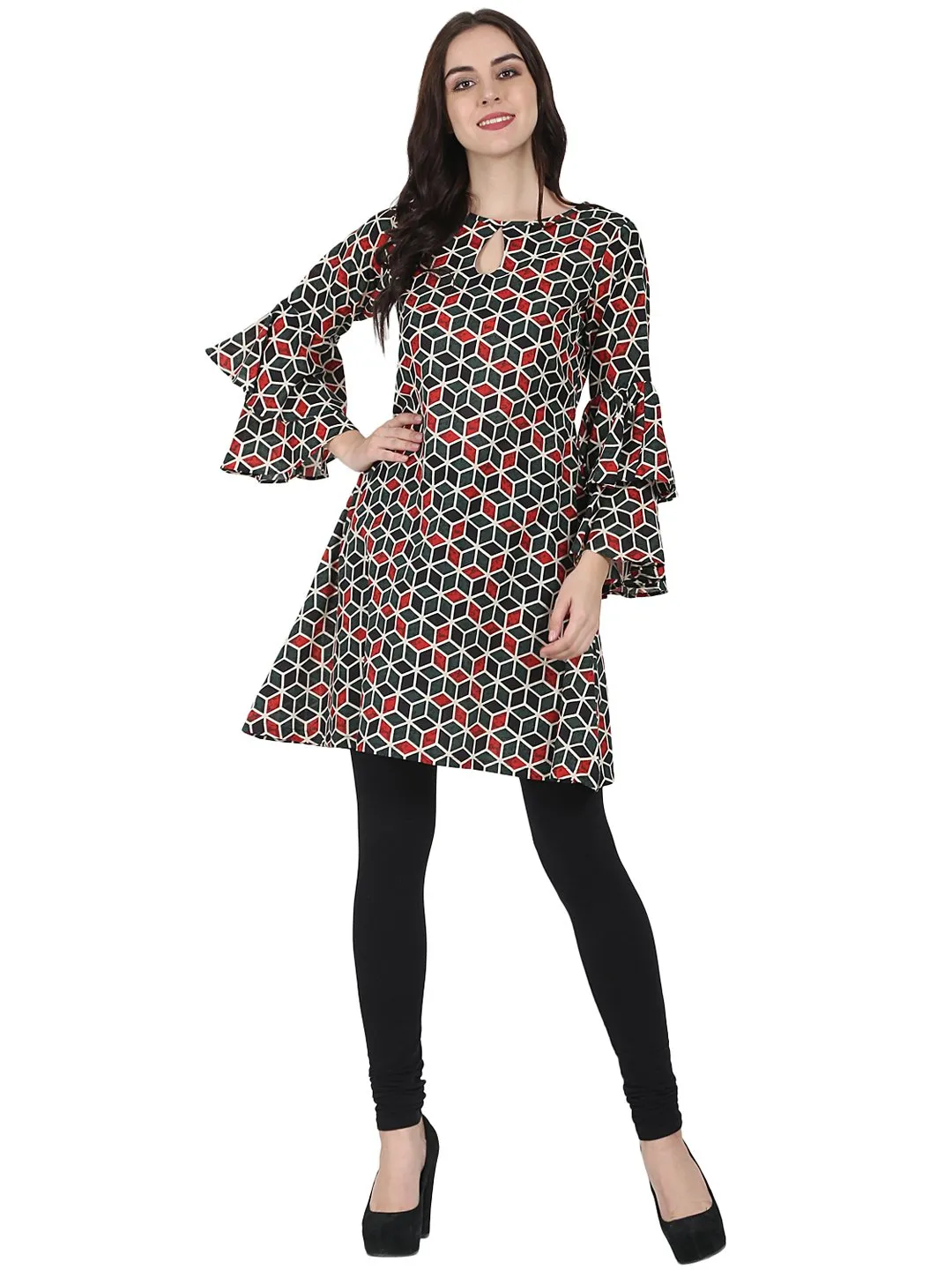 Green Printed Full Sleeve Cotton A-Line Tunic With Flared Sleeve