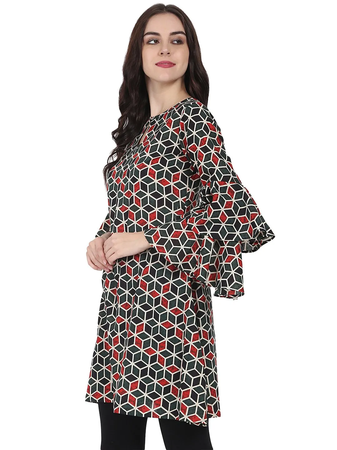 Green Printed Full Sleeve Cotton A-Line Tunic With Flared Sleeve