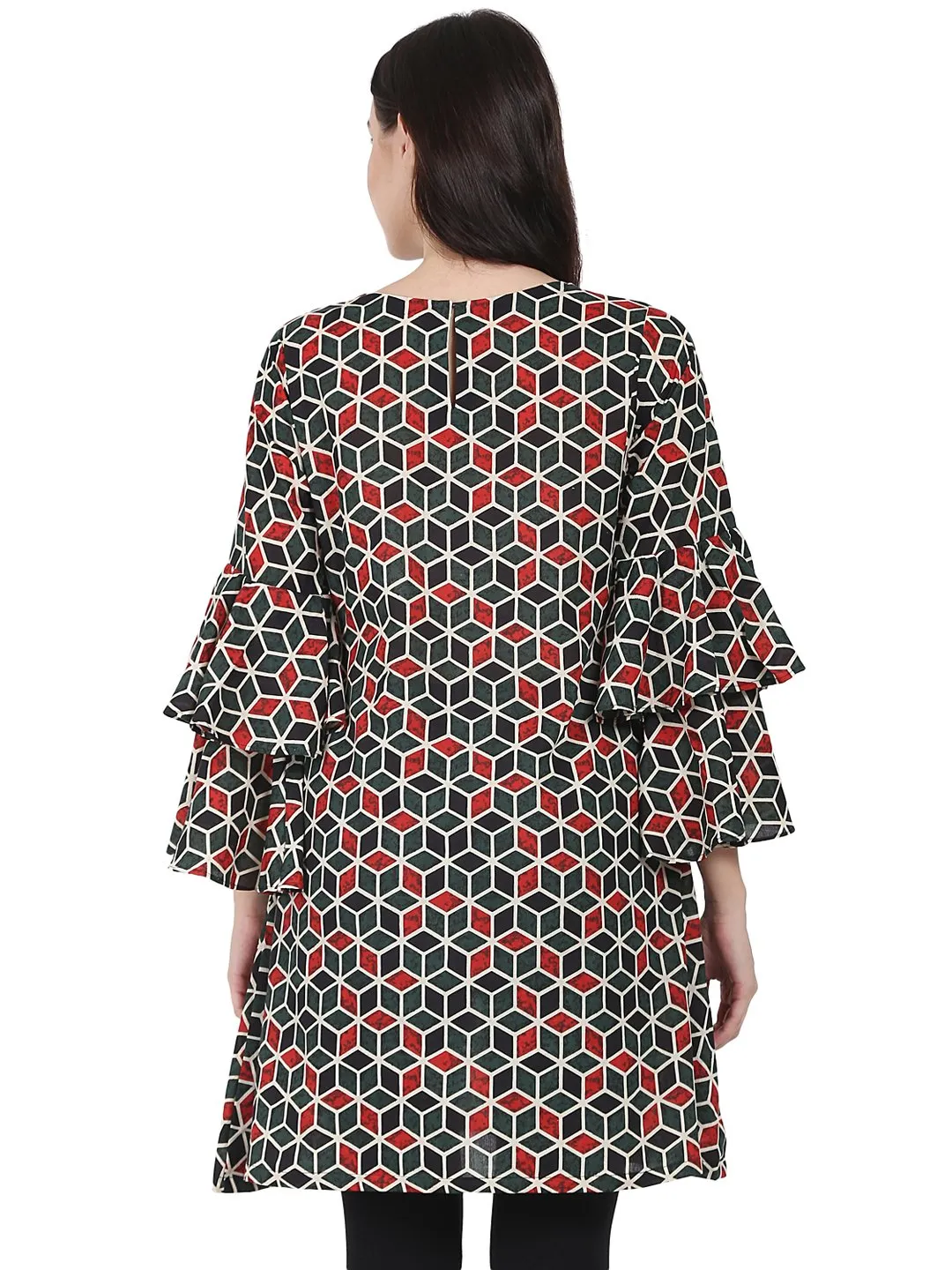 Green Printed Full Sleeve Cotton A-Line Tunic With Flared Sleeve