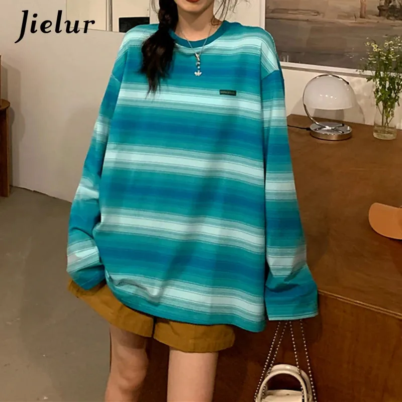 Green Striped Hoodies Women Long-sleeved O-neck Colorful Sweatshirt Female New Harajuku Fashion Orange Pullover M-XL