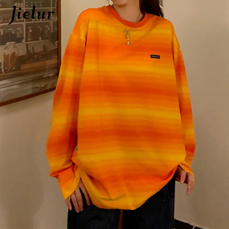 Green Striped Hoodies Women Long-sleeved O-neck Colorful Sweatshirt Female New Harajuku Fashion Orange Pullover M-XL