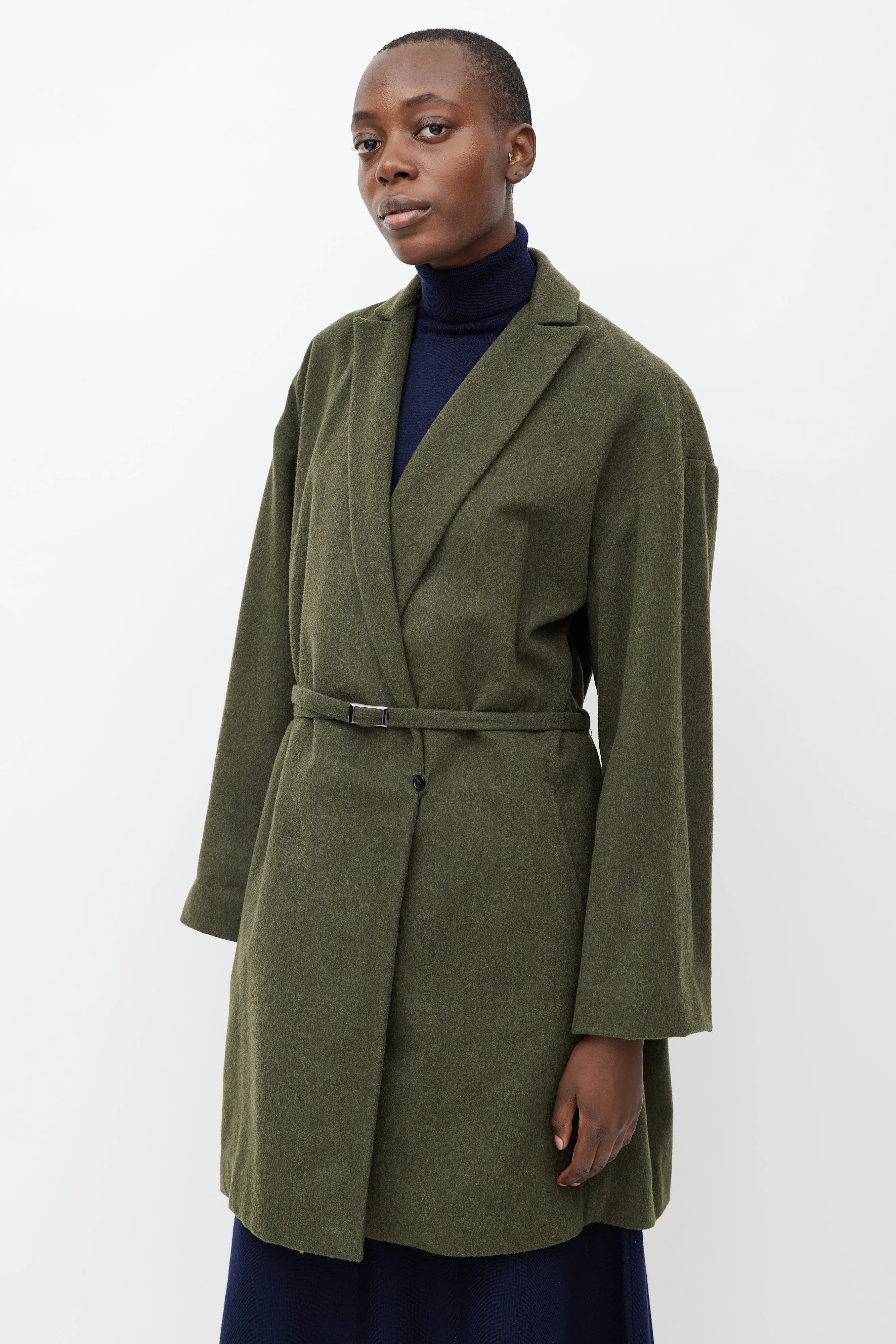 Green Wool Notched Shawl Collar Coat