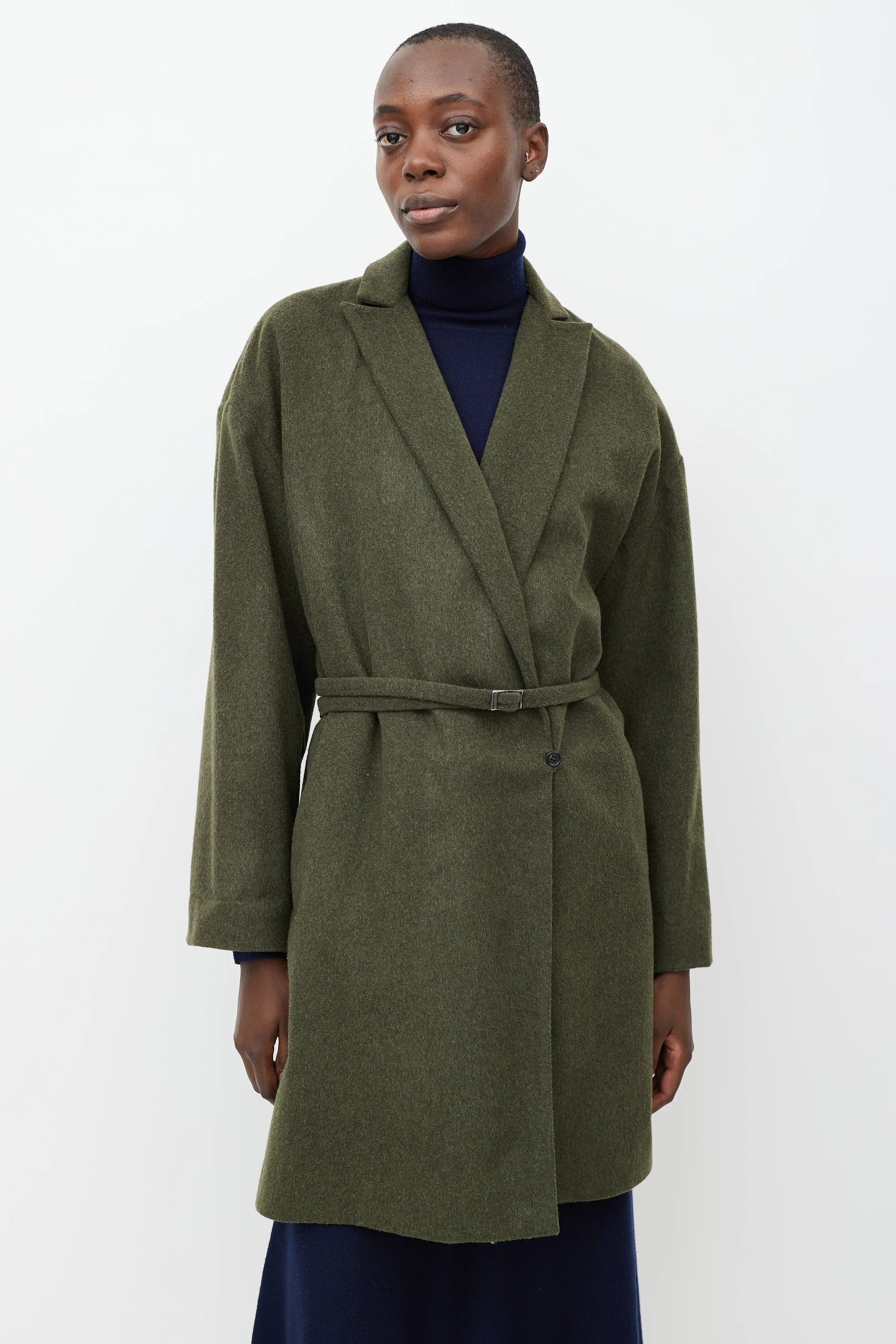 Green Wool Notched Shawl Collar Coat