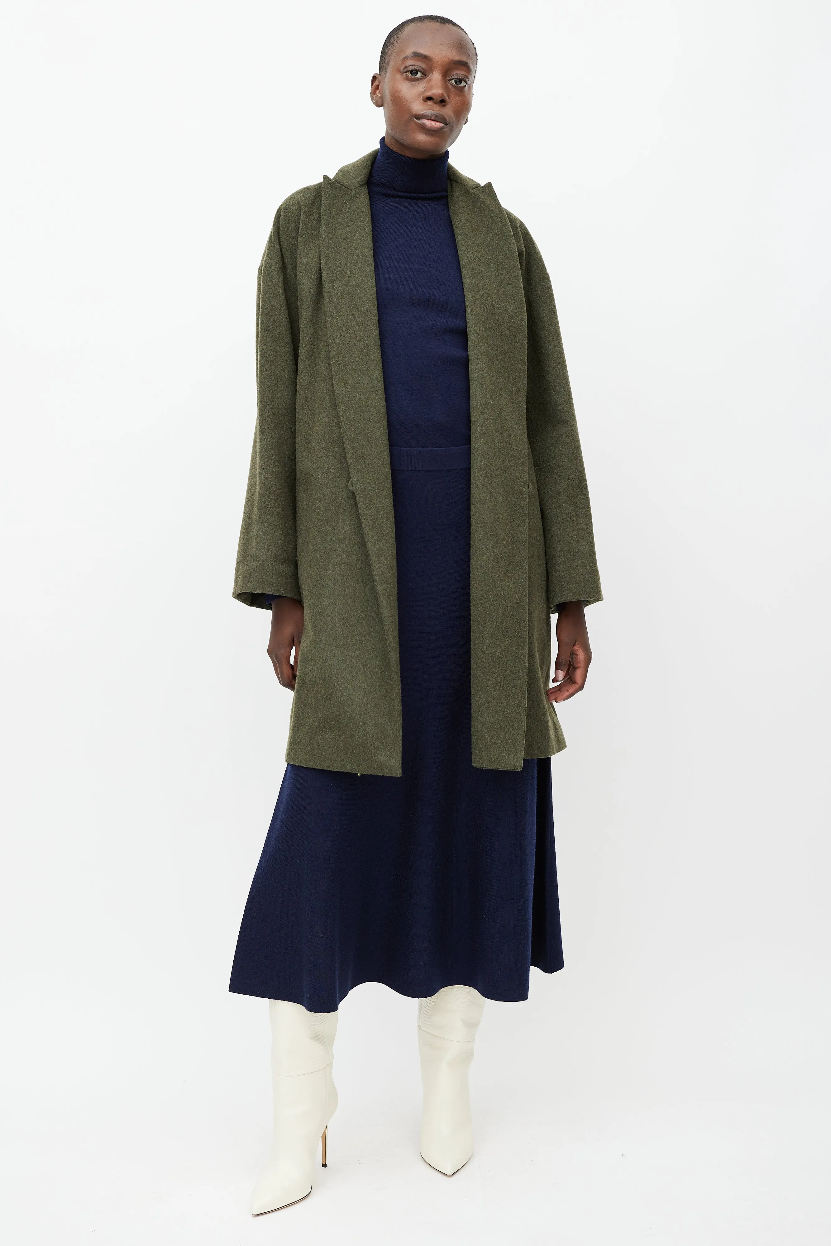 Green Wool Notched Shawl Collar Coat