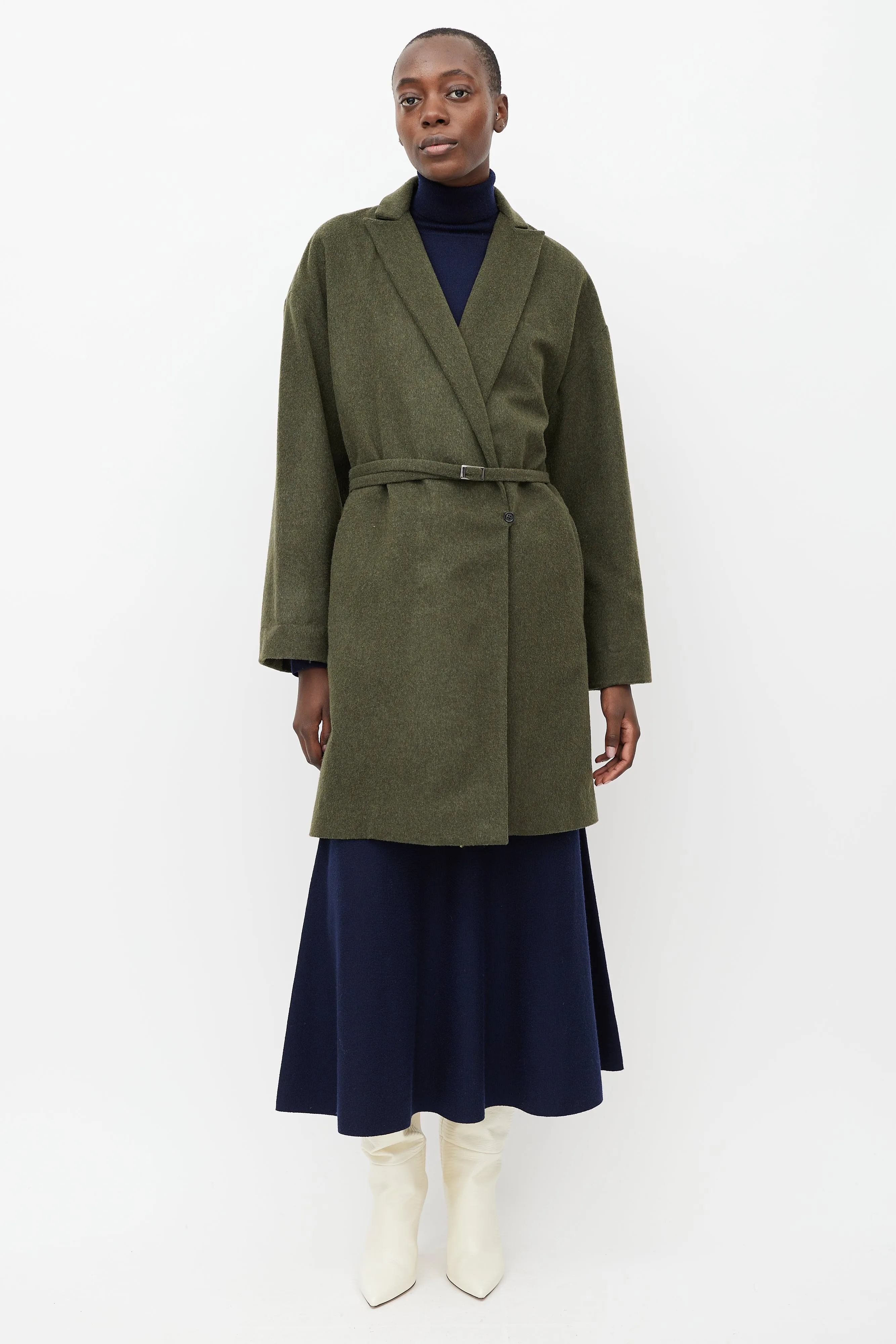 Green Wool Notched Shawl Collar Coat