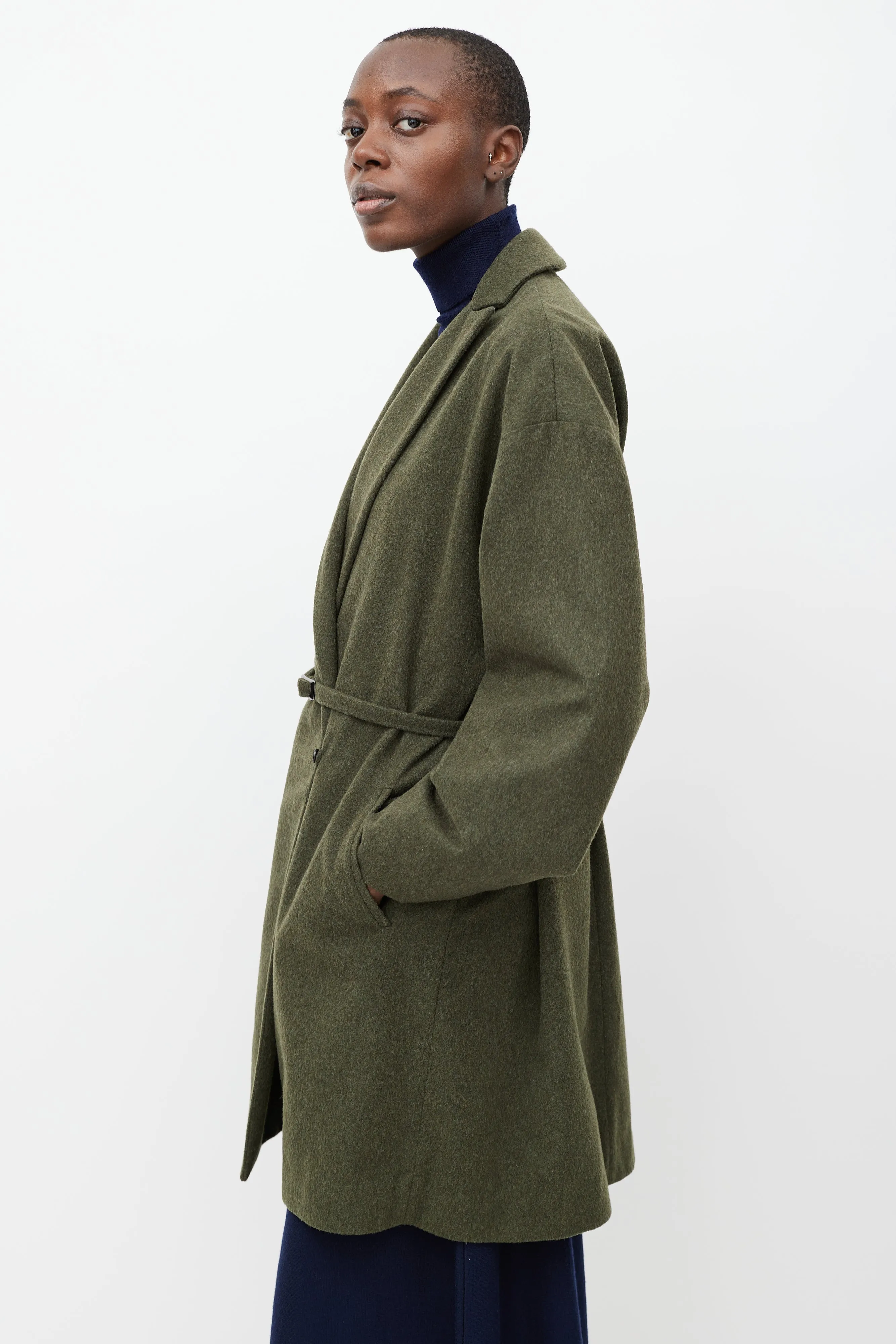 Green Wool Notched Shawl Collar Coat