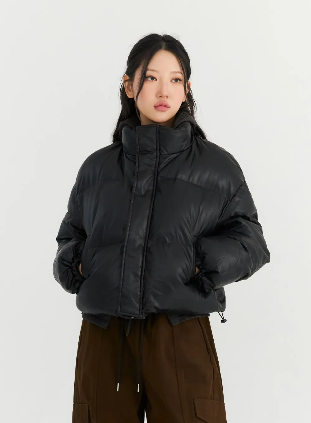 Half Neck Faux Leather Puffer CN303