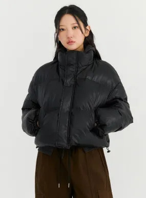 Half Neck Faux Leather Puffer CN303