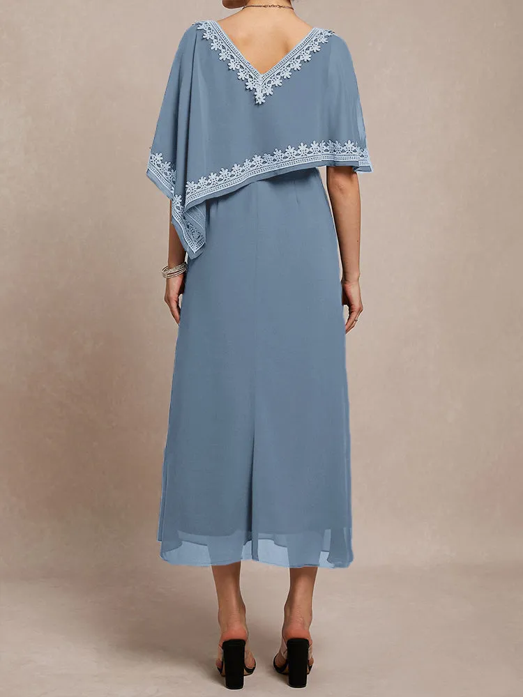 Half Sleeves V-neck Tea Length Embellished Cape Chiffon Mother Of The Bride Dress