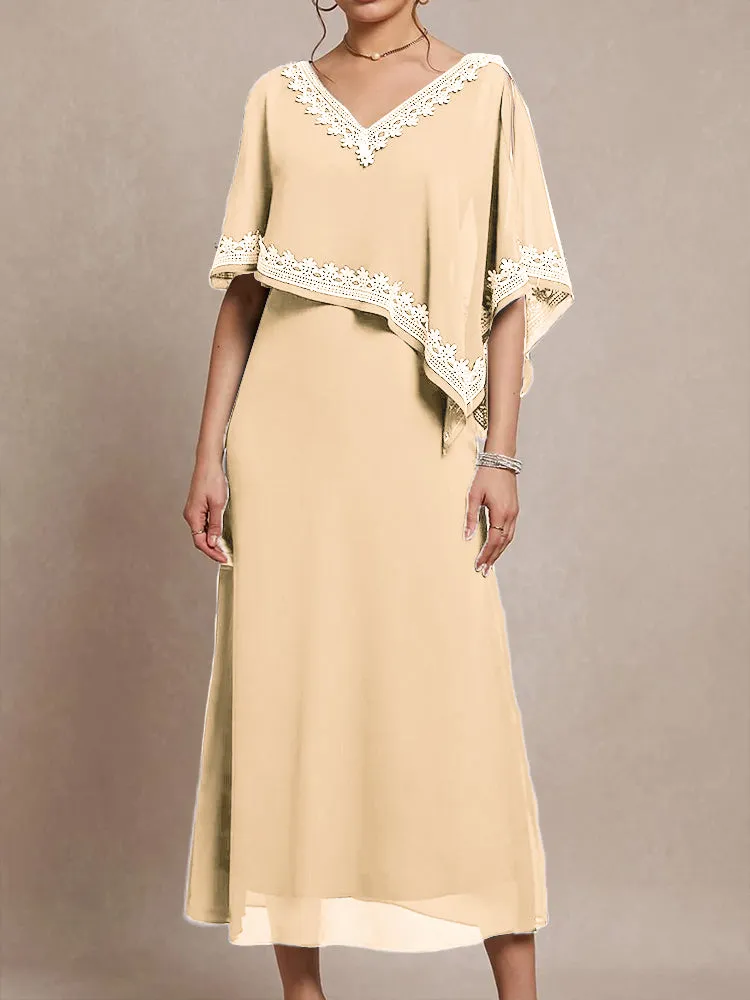 Half Sleeves V-neck Tea Length Embellished Cape Chiffon Mother Of The Bride Dress