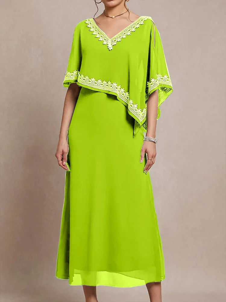 Half Sleeves V-neck Tea Length Embellished Cape Chiffon Mother Of The Bride Dress