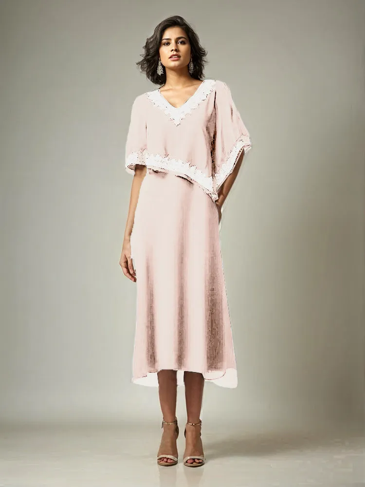 Half Sleeves V-neck Tea Length Embellished Cape Chiffon Mother Of The Bride Dress