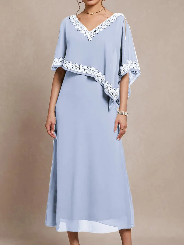 Half Sleeves V-neck Tea Length Embellished Cape Chiffon Mother Of The Bride Dress