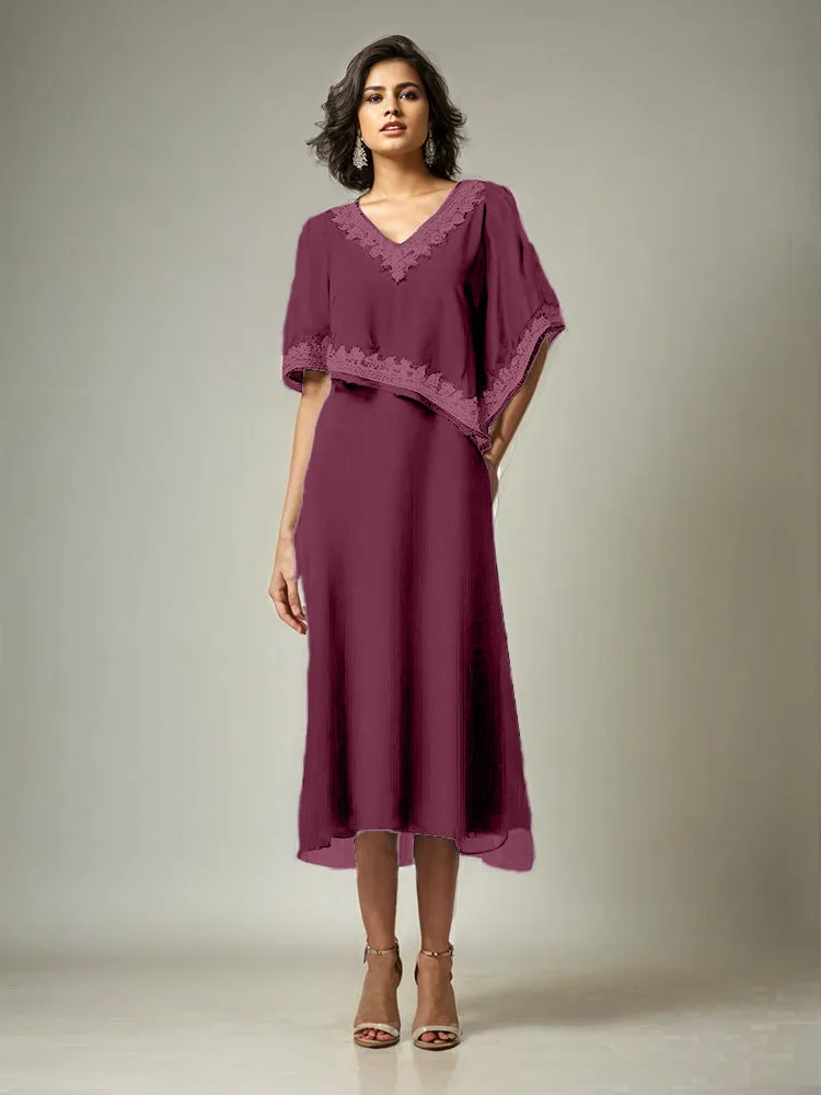 Half Sleeves V-neck Tea Length Embellished Cape Chiffon Mother Of The Bride Dress