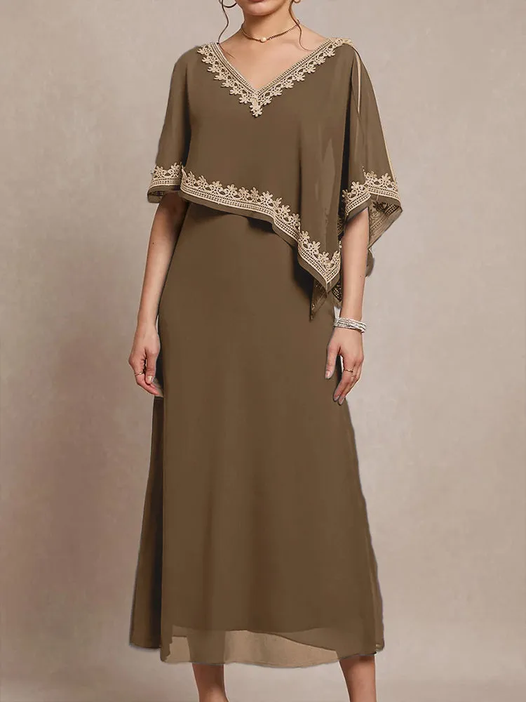 Half Sleeves V-neck Tea Length Embellished Cape Chiffon Mother Of The Bride Dress