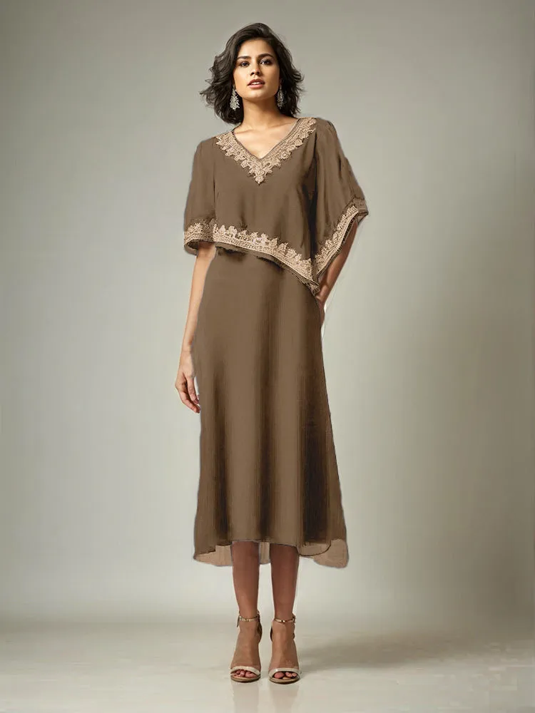 Half Sleeves V-neck Tea Length Embellished Cape Chiffon Mother Of The Bride Dress