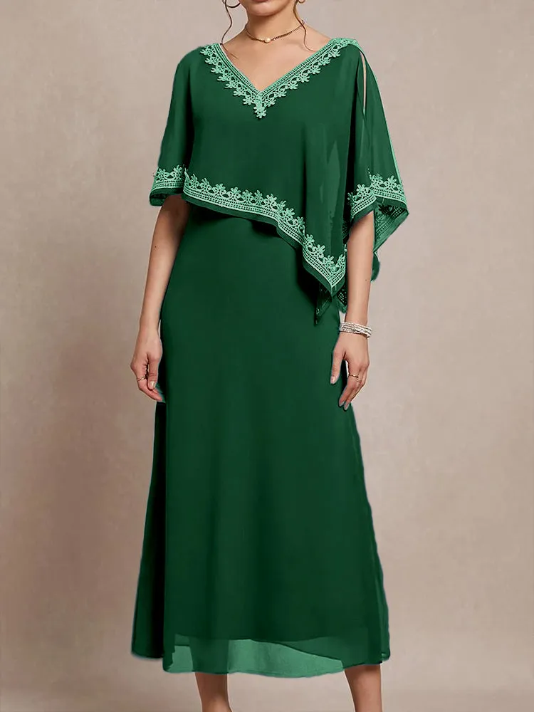 Half Sleeves V-neck Tea Length Embellished Cape Chiffon Mother Of The Bride Dress