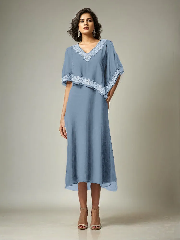 Half Sleeves V-neck Tea Length Embellished Cape Chiffon Mother Of The Bride Dress