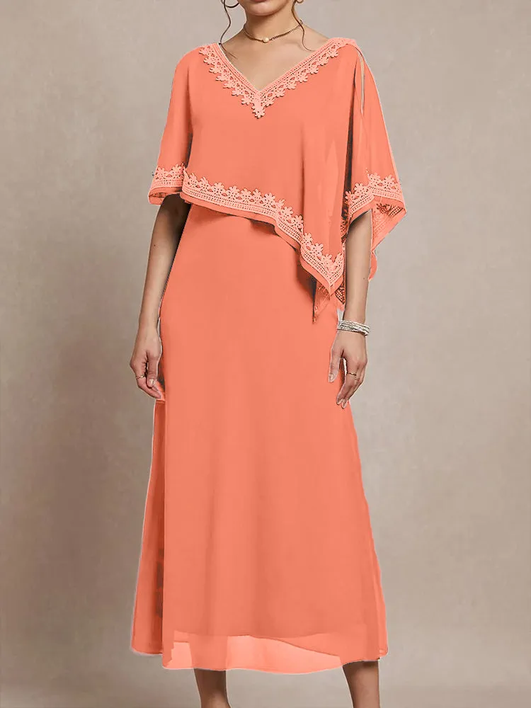 Half Sleeves V-neck Tea Length Embellished Cape Chiffon Mother Of The Bride Dress