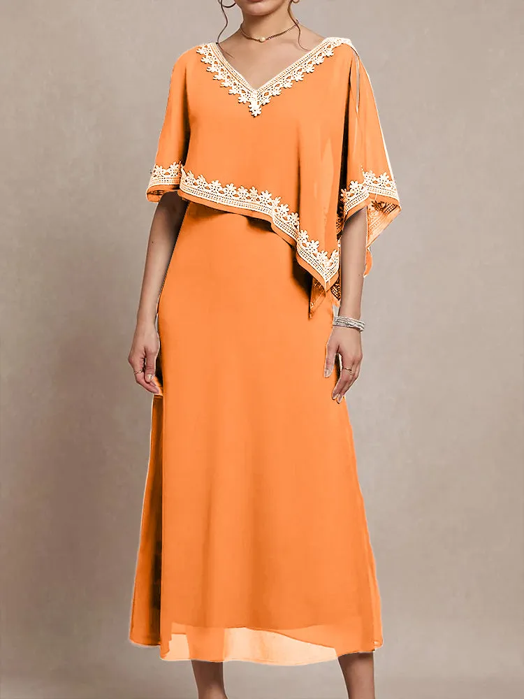 Half Sleeves V-neck Tea Length Embellished Cape Chiffon Mother Of The Bride Dress