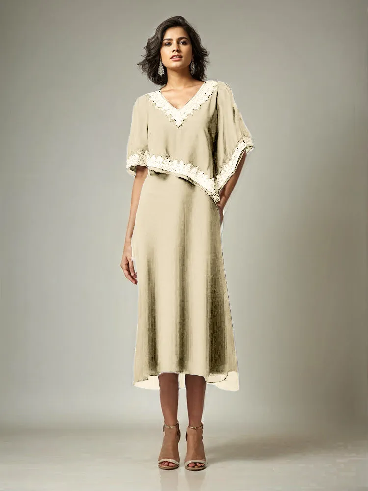 Half Sleeves V-neck Tea Length Embellished Cape Chiffon Mother Of The Bride Dress